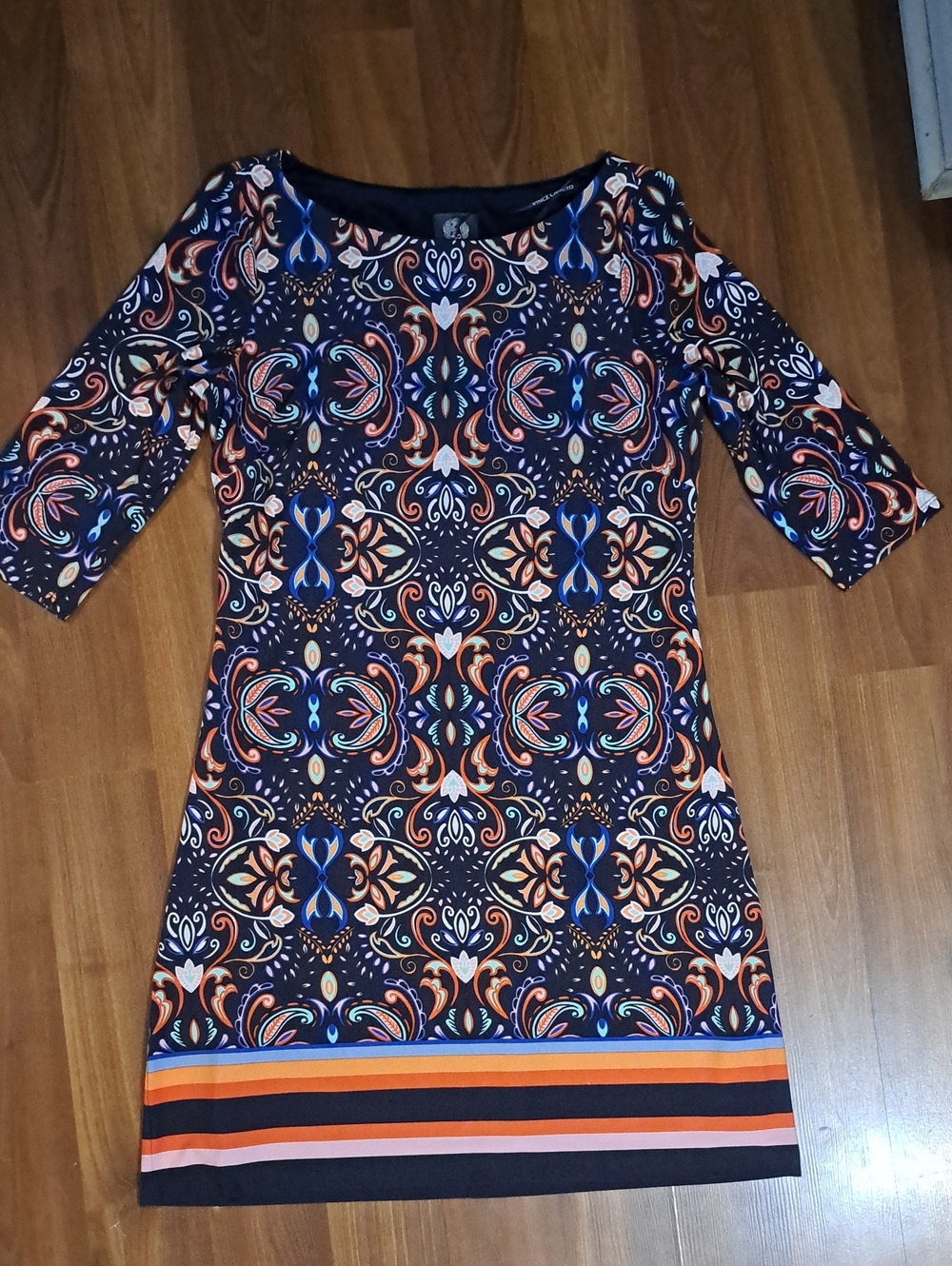 Vince Camuto Navy Multicolor Printed Midi Dress with Striped Hem